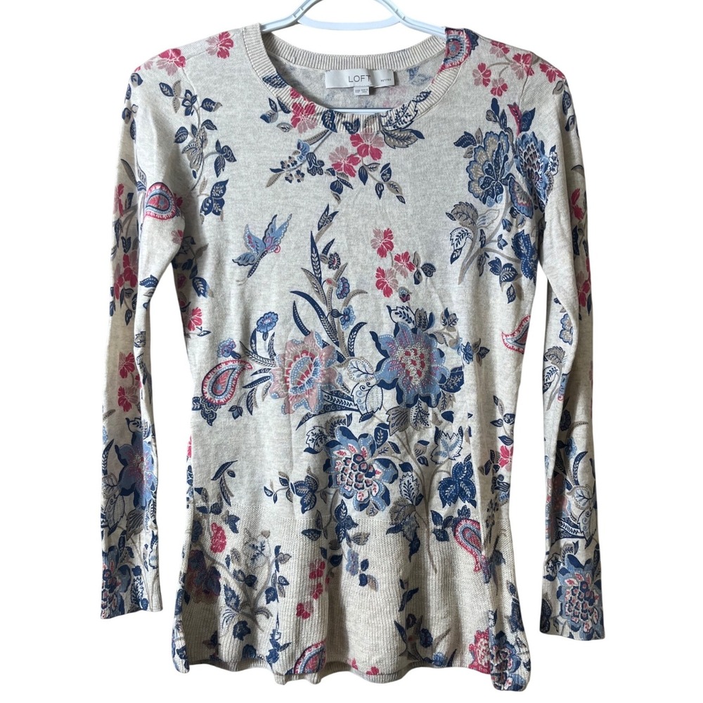 NWOT LOFT Petites XXSP Floral Paisley Cotton Knit Sweater Cottagecore Boho Beige